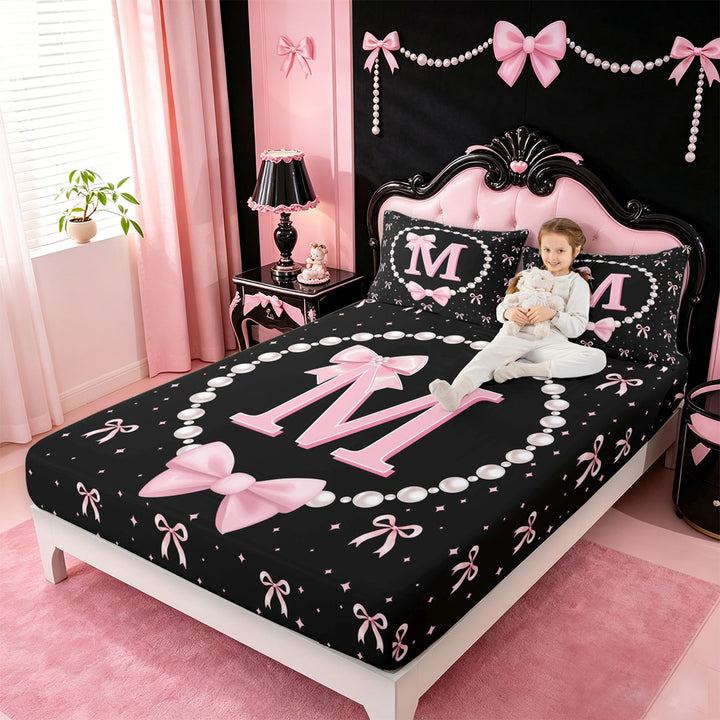 meiyoeat Lovely Bow Tie Bed Sheets For Bow Girls,Pink Initial Letter M Full Size Sheets For Kids,4pcs