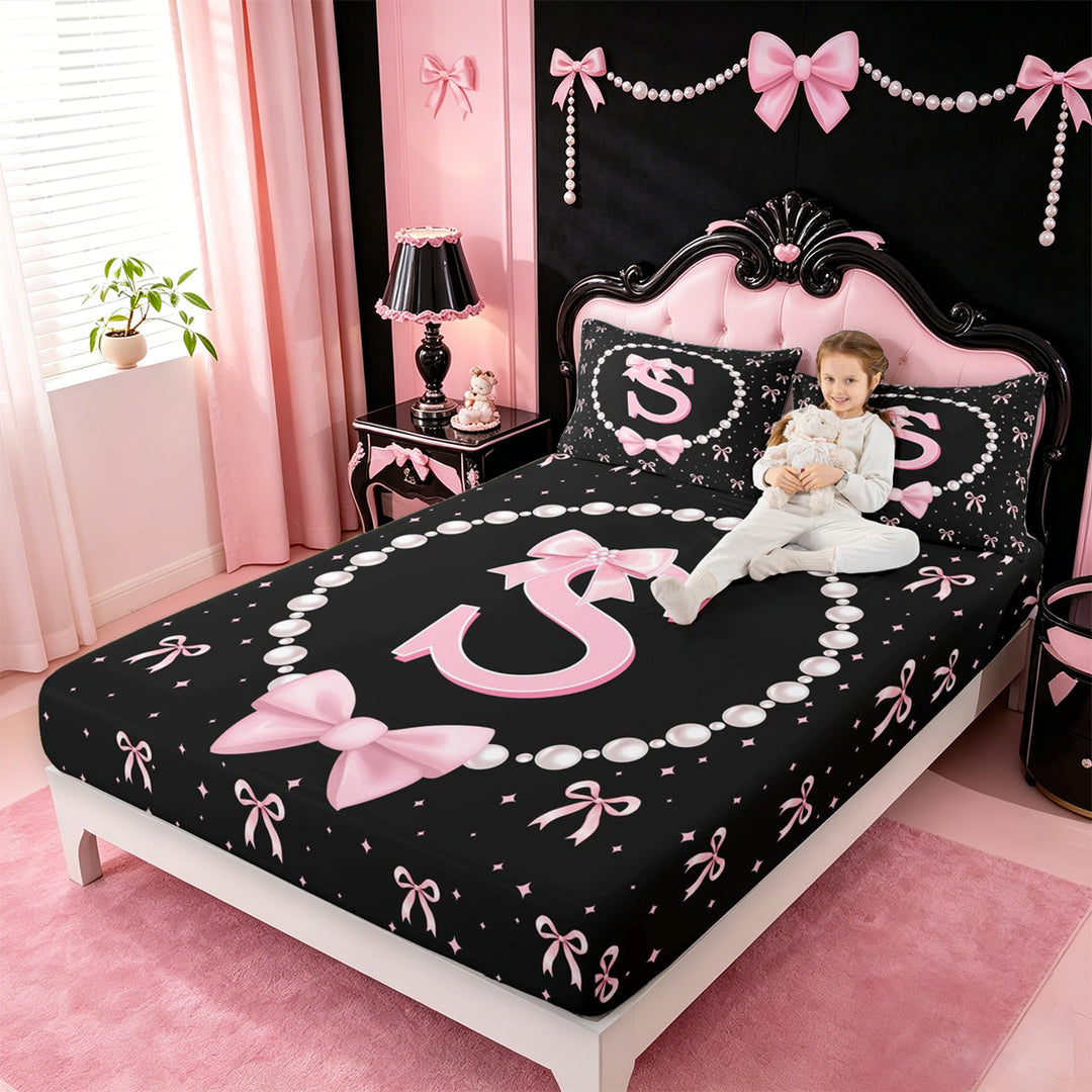 meiyoeat Pink Coquette Bowtie Bed Sheets For Girls,Kids Personalized Letter S Print Full Size Sheets,4pcs