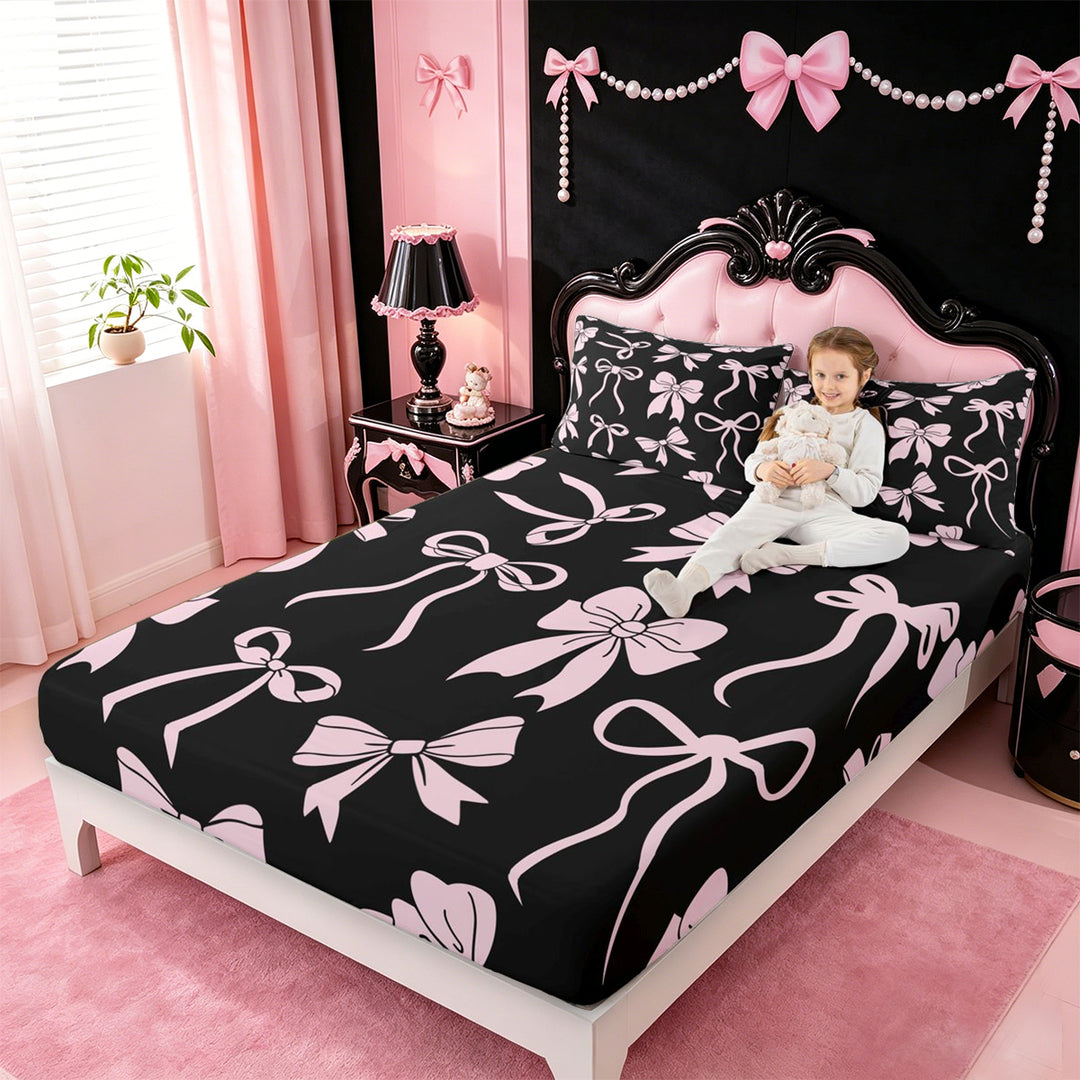 meiyoeat Pink Ribbon Bow Bed Sheets For Kids,Cute Minimalist Bow Full Size Sheets For Girls,4pcs