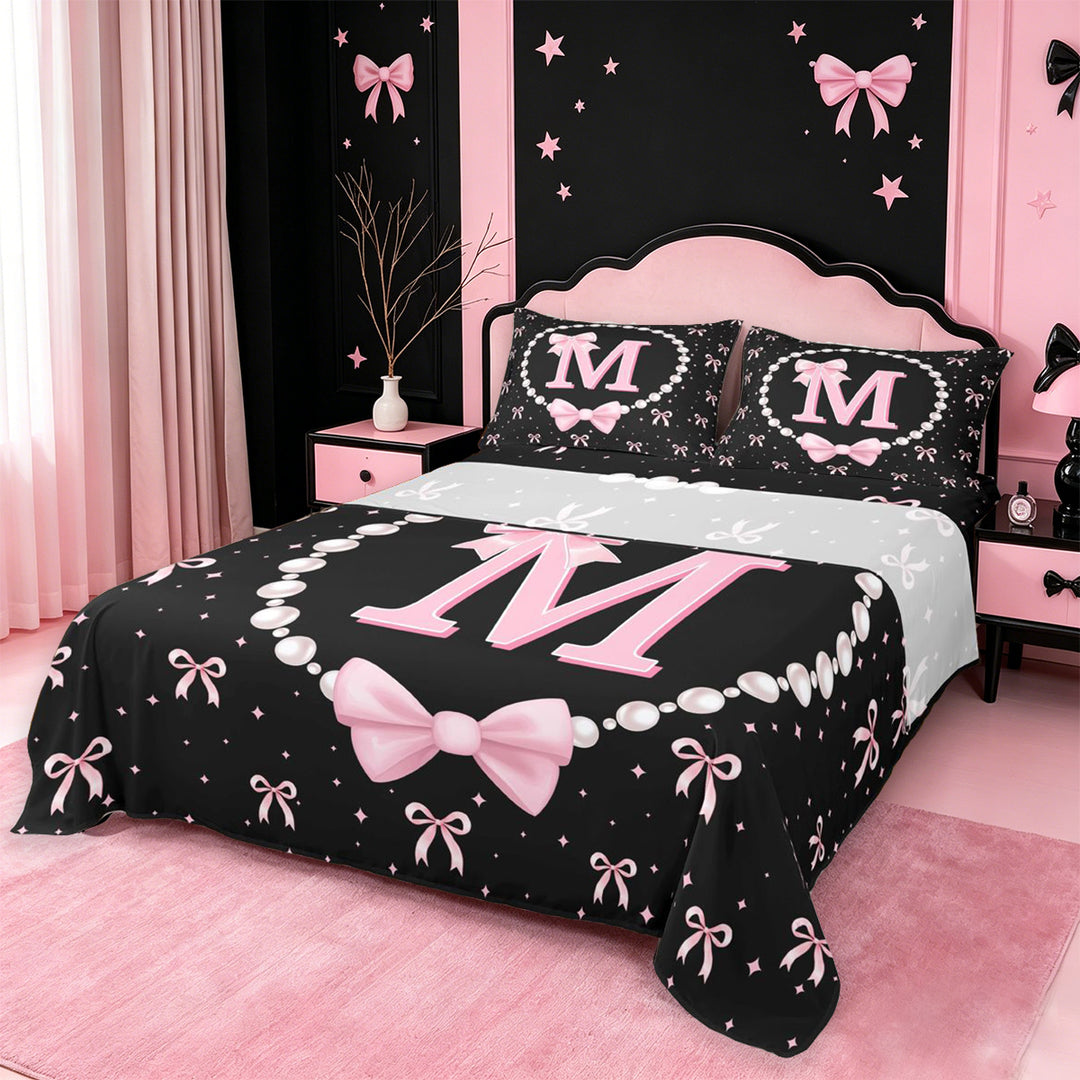 meiyoeat Lovely Bow Tie Bed Sheets For Bow Girls,Pink Initial Letter M Full Size Sheets For Kids,4pcs