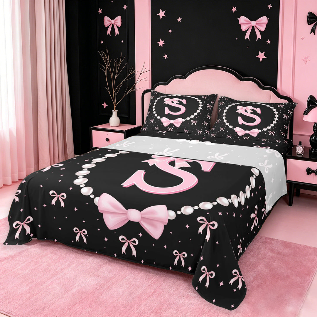 meiyoeat Pink Coquette Bowtie Bed Sheets For Girls,Kids Personalized Letter S Print Full Size Sheets,4pcs