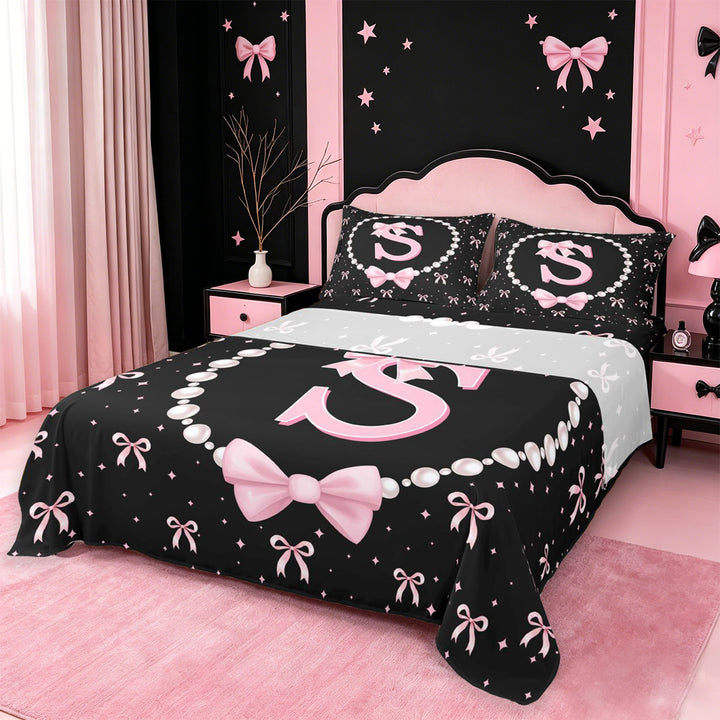 meiyoeat Pink Coquette Bowtie Bed Sheets For Girls,Kids Personalized Letter S Print Full Size Sheets,4pcs
