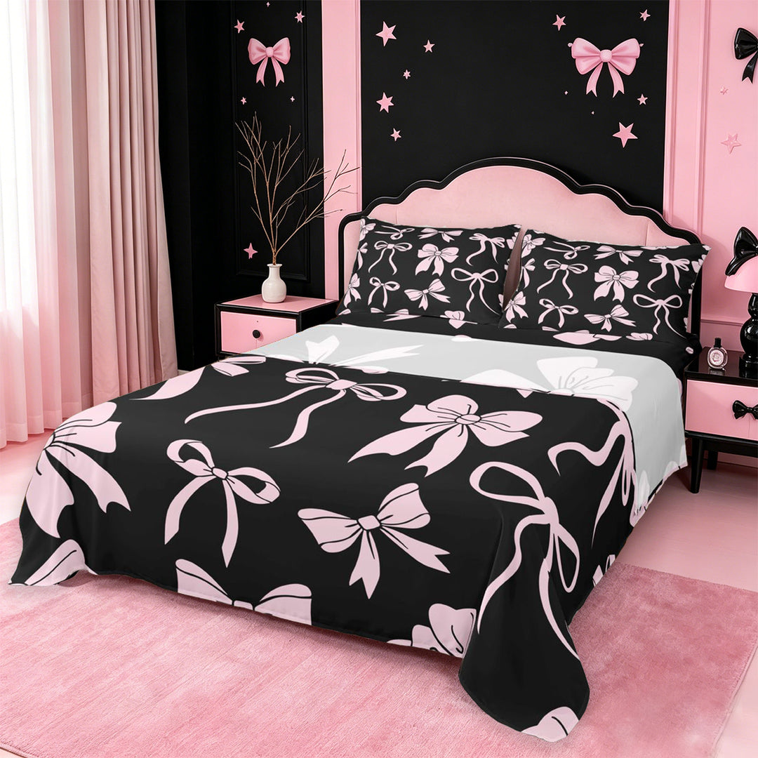 meiyoeat Pink Ribbon Bow Bed Sheets For Kids,Cute Minimalist Bow Full Size Sheets For Girls,4pcs