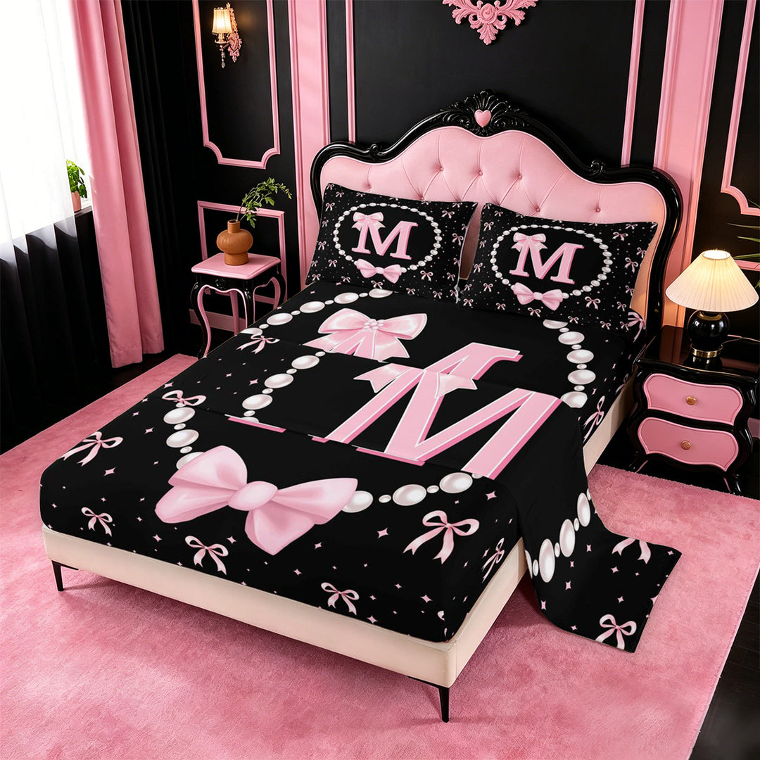 meiyoeat Lovely Bow Tie Bed Sheets For Bow Girls,Pink Initial Letter M Full Size Sheets For Kids,4pcs