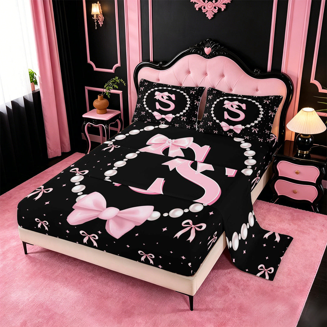 meiyoeat Pink Coquette Bowtie Bed Sheets For Girls,Kids Personalized Letter S Print Full Size Sheets,4pcs