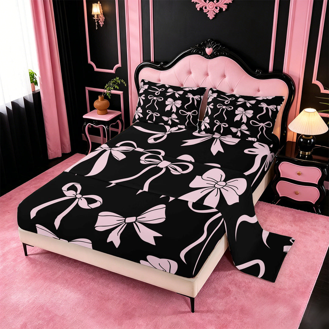 meiyoeat Pink Ribbon Bow Bed Sheets For Kids,Cute Minimalist Bow Full Size Sheets For Girls,4pcs