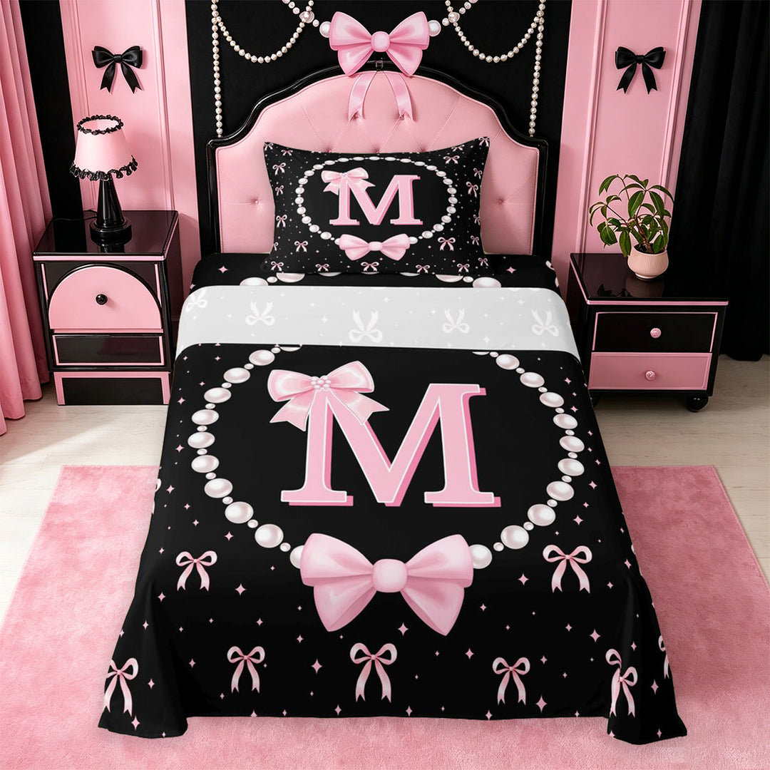 meiyoeat Lovely Bow Tie Bed Sheets For Bow Girls,Pink Initial Letter M Full Size Sheets For Kids,4pcs