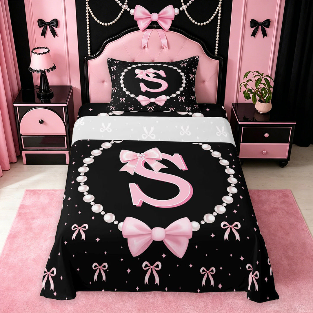 meiyoeat Pink Coquette Bowtie Bed Sheets For Girls,Kids Personalized Letter S Print Full Size Sheets,4pcs