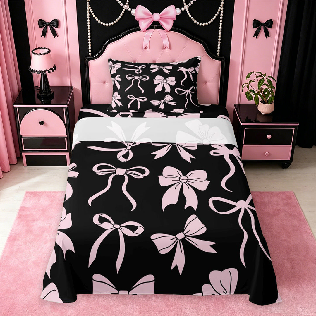 meiyoeat Pink Ribbon Bow Bed Sheets For Kids,Cute Minimalist Bow Full Size Sheets For Girls,4pcs