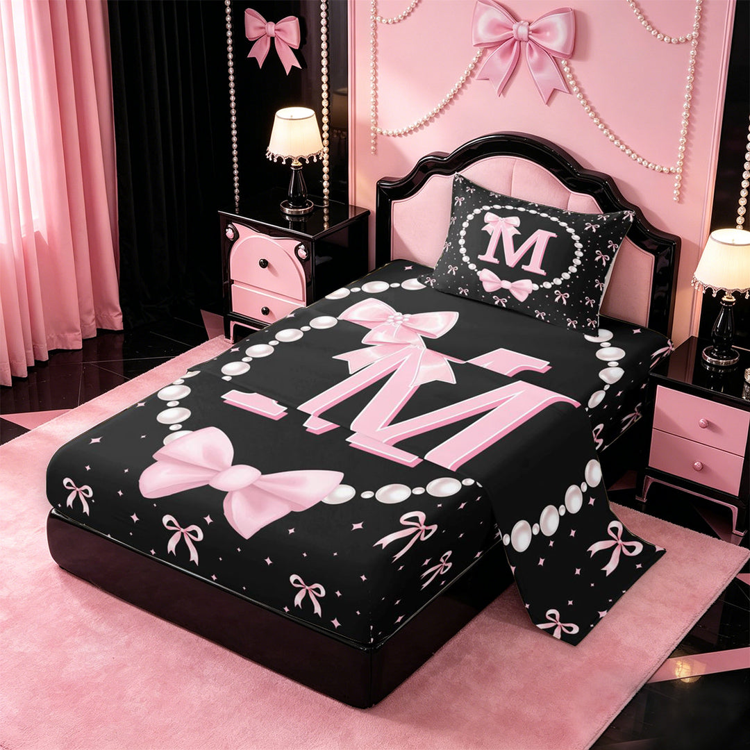 meiyoeat Lovely Bow Tie Bed Sheets For Bow Girls,Pink Initial Letter M Full Size Sheets For Kids,4pcs