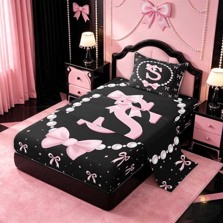meiyoeat Pink Coquette Bowtie Bed Sheets For Girls,Kids Personalized Letter S Print Full Size Sheets,4pcs
