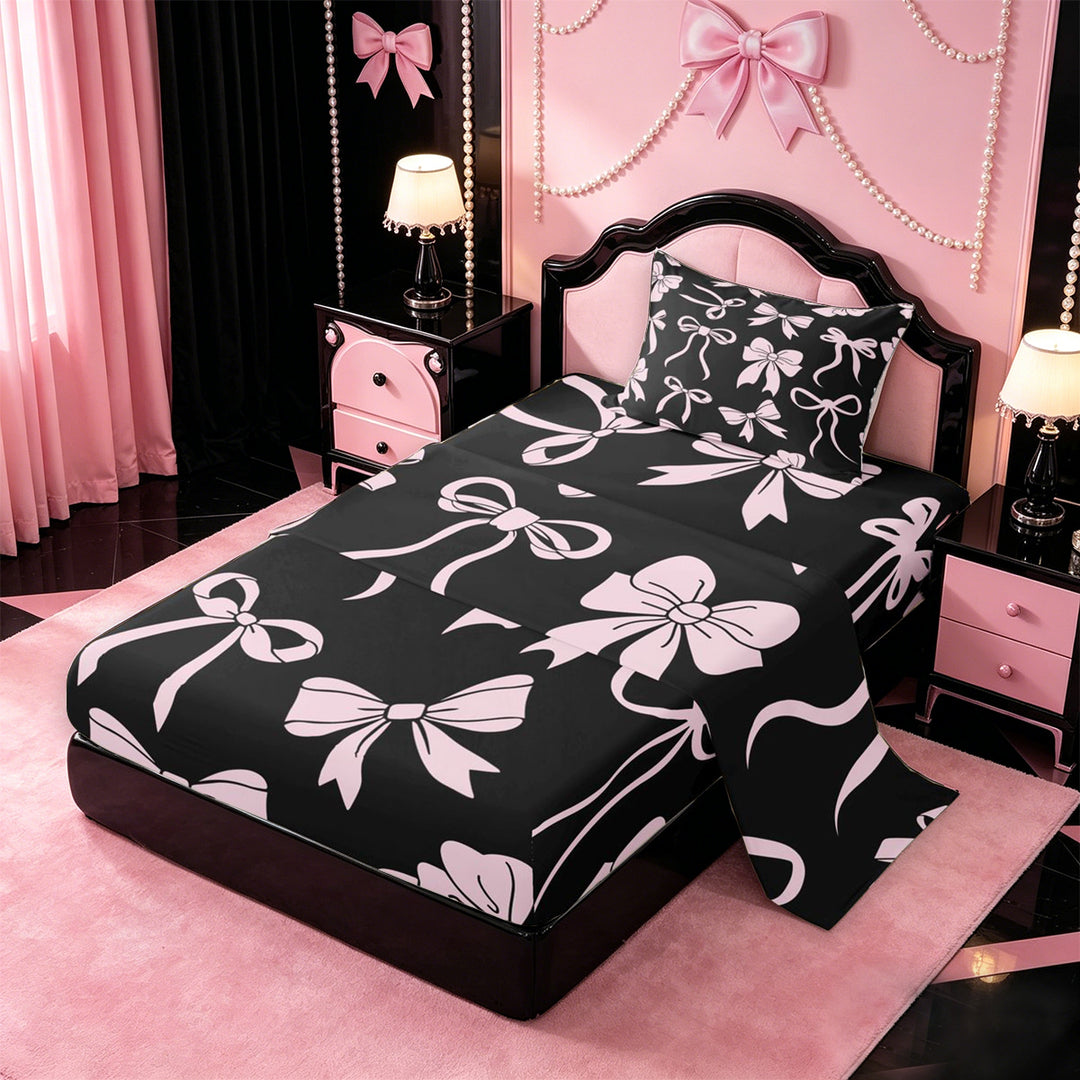 meiyoeat Pink Ribbon Bow Bed Sheets For Kids,Cute Minimalist Bow Full Size Sheets For Girls,4pcs
