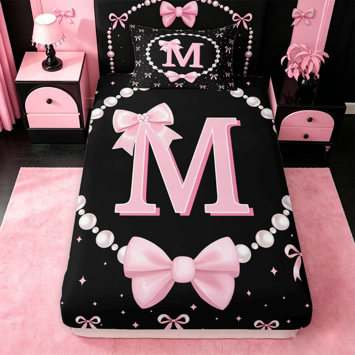 meiyoeat Lovely Bow Tie Bed Sheets For Bow Girls,Pink Initial Letter M Full Size Sheets For Kids,4pcs