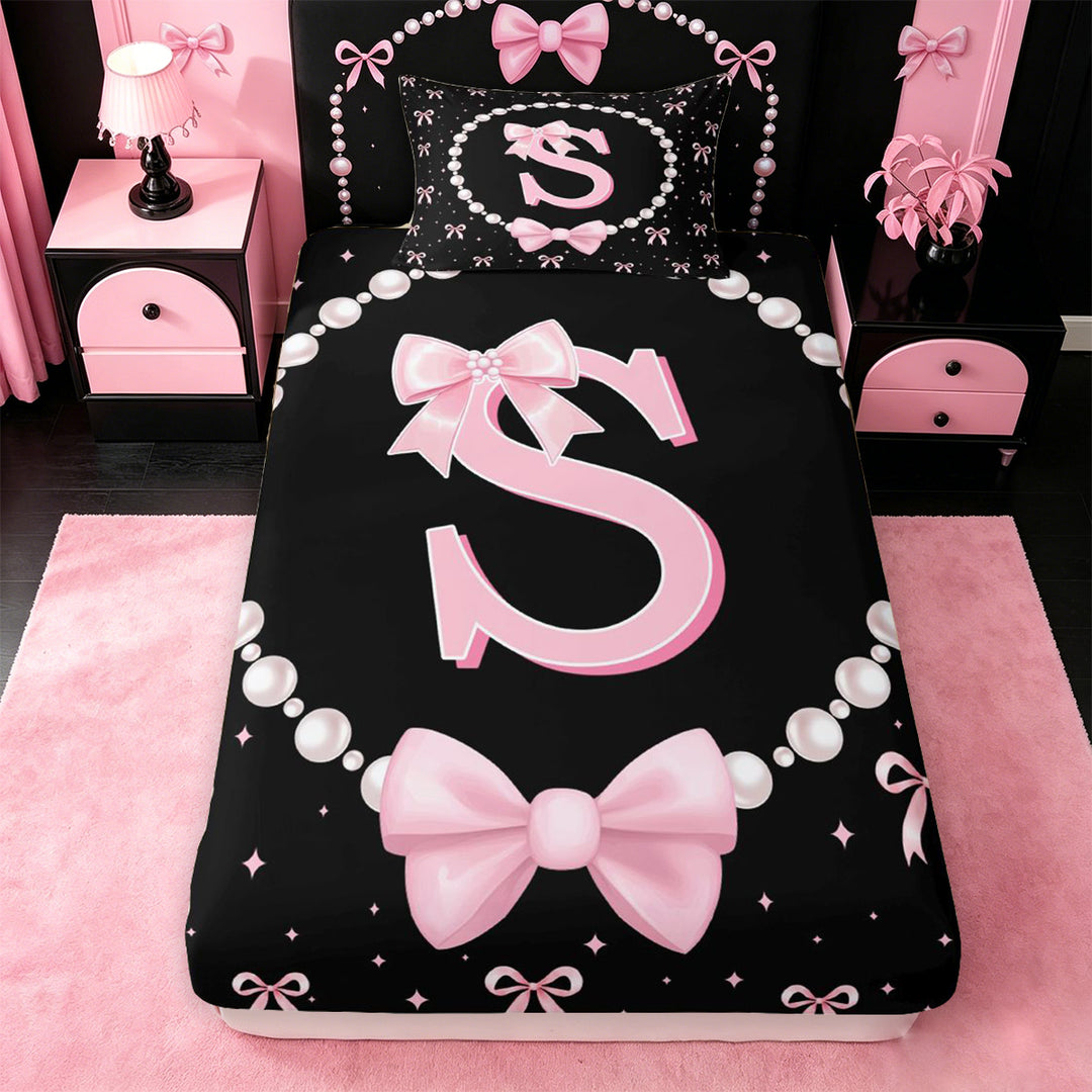meiyoeat Pink Coquette Bowtie Bed Sheets For Girls,Kids Personalized Letter S Print Full Size Sheets,4pcs