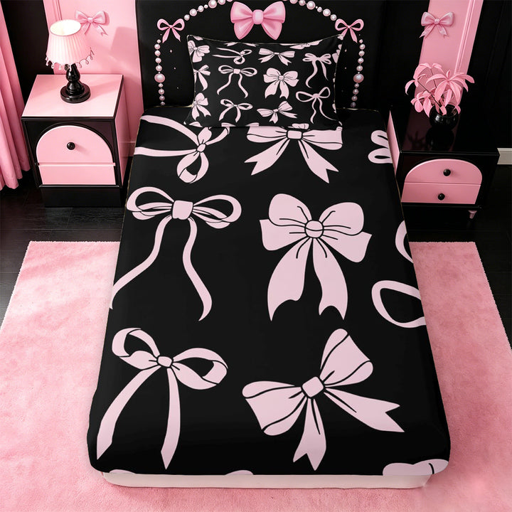 meiyoeat Pink Ribbon Bow Bed Sheets For Kids,Cute Minimalist Bow Full Size Sheets For Girls,4pcs