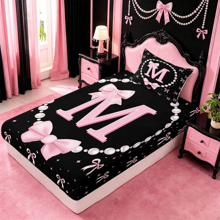 meiyoeat Lovely Bow Tie Bed Sheets For Bow Girls,Pink Initial Letter M Full Size Sheets For Kids,4pcs
