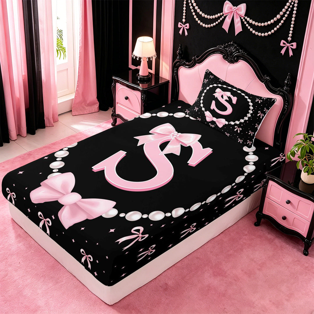 meiyoeat Pink Coquette Bowtie Bed Sheets For Girls,Kids Personalized Letter S Print Full Size Sheets,4pcs