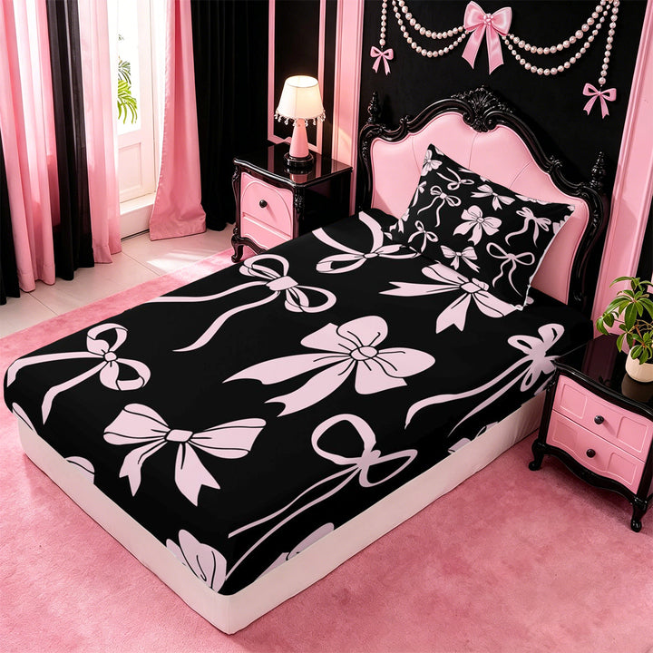 meiyoeat Pink Ribbon Bow Bed Sheets For Kids,Cute Minimalist Bow Full Size Sheets For Girls,4pcs