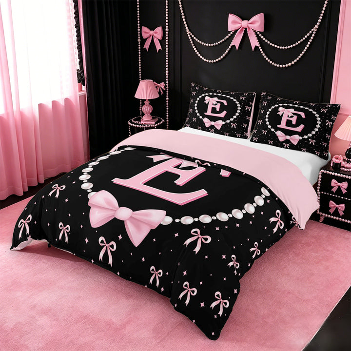 meiyoeat Girls Personalized Monogrammed Gifts Bedding For Bowtie Lovers,Kids Bowknot Alphabet E Print Duvet Cover Full,Pink Reversible,3-Piece(No Comforter)