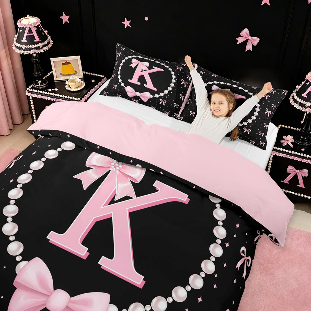meiyoeat Cute Coquette Bow Bedding For Kids,Pink Ribbon Bowtie Initial Letter K Duvet Cover Full,Pink Reversible,3-Piece(No Comforter)