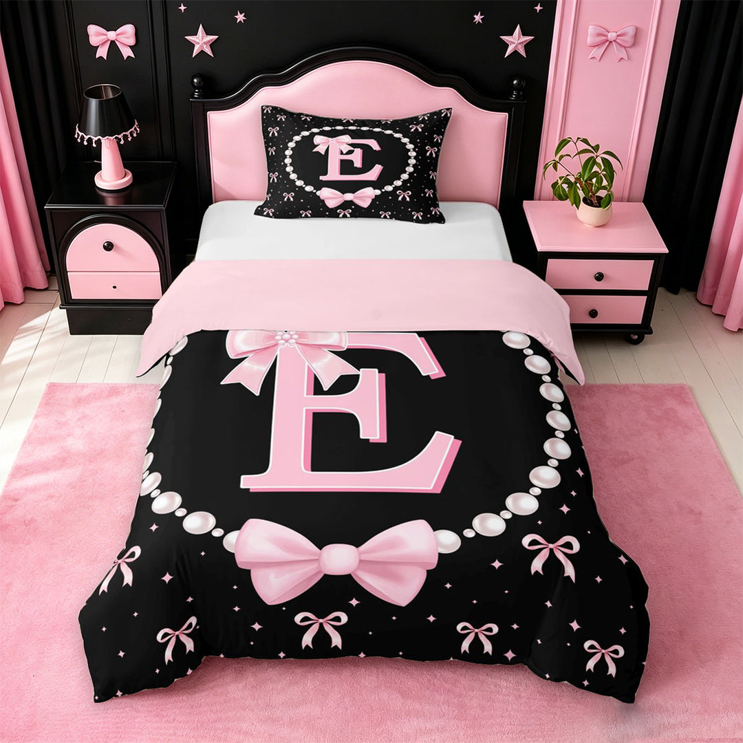 meiyoeat Girls Personalized Monogrammed Gifts Bedding For Bowtie Lovers,Kids Bowknot Alphabet E Print Duvet Cover Full,Pink Reversible,3-Piece(No Comforter)