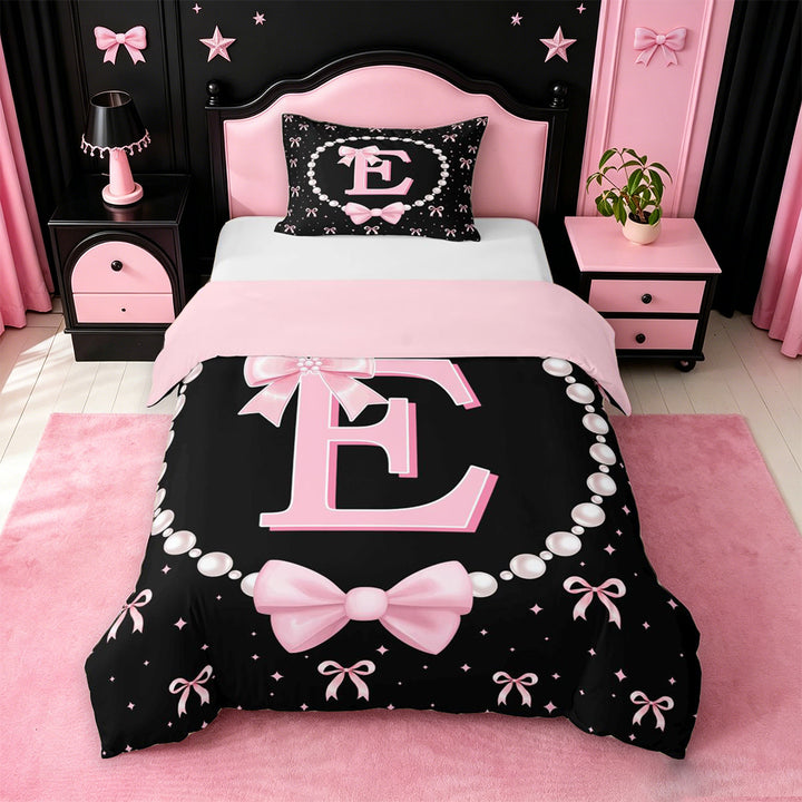 meiyoeat Girls Personalized Monogrammed Gifts Bedding For Bowtie Lovers,Kids Bowknot Alphabet E Print Duvet Cover Full,Pink Reversible,3-Piece(No Comforter)