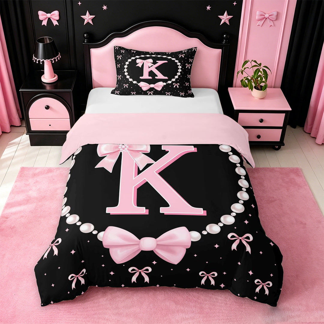 meiyoeat Cute Coquette Bow Bedding For Kids,Pink Ribbon Bowtie Initial Letter K Duvet Cover Full,Pink Reversible,3-Piece(No Comforter)