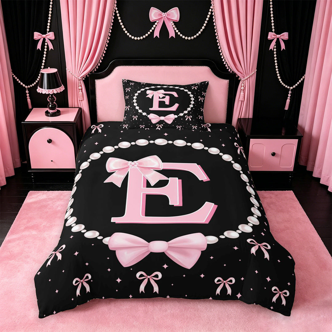 meiyoeat Girls Personalized Monogrammed Gifts Bedding For Bowtie Lovers,Kids Bowknot Alphabet E Print Duvet Cover Full,Pink Reversible,3-Piece(No Comforter)