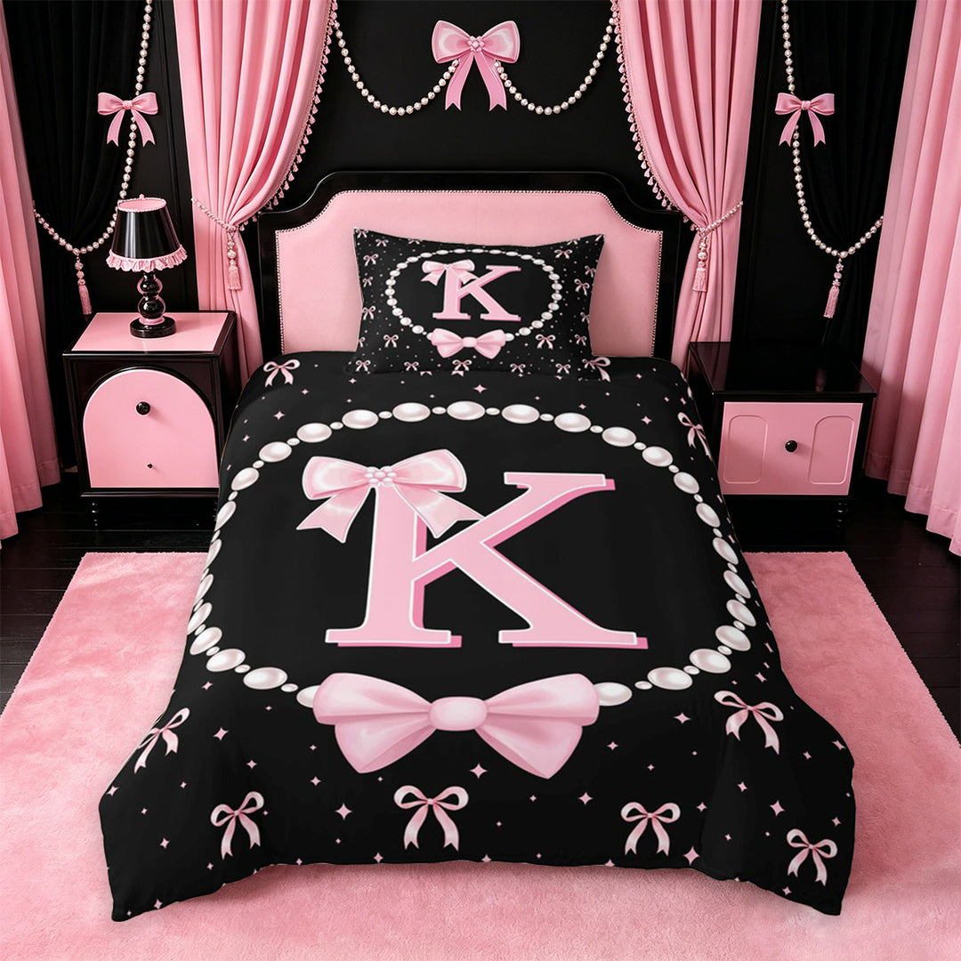 meiyoeat Cute Coquette Bow Bedding For Kids,Pink Ribbon Bowtie Initial Letter K Duvet Cover Full,Pink Reversible,3-Piece(No Comforter)