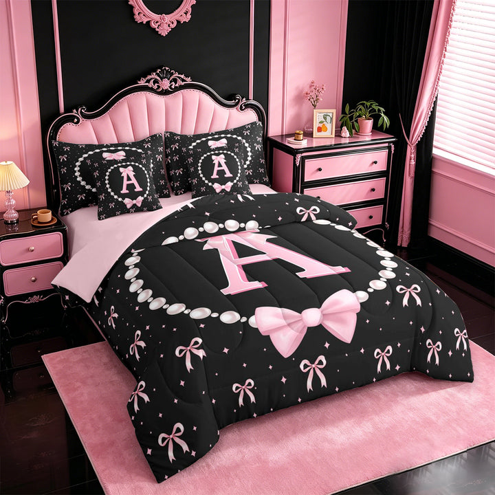 meiyoeat Bowknot Letter Print A 7 Pieces Full Size Bedding Sets For Girls,Girly Pink Bow Full Size Bed in a Bag For Kids,Pink Reversible