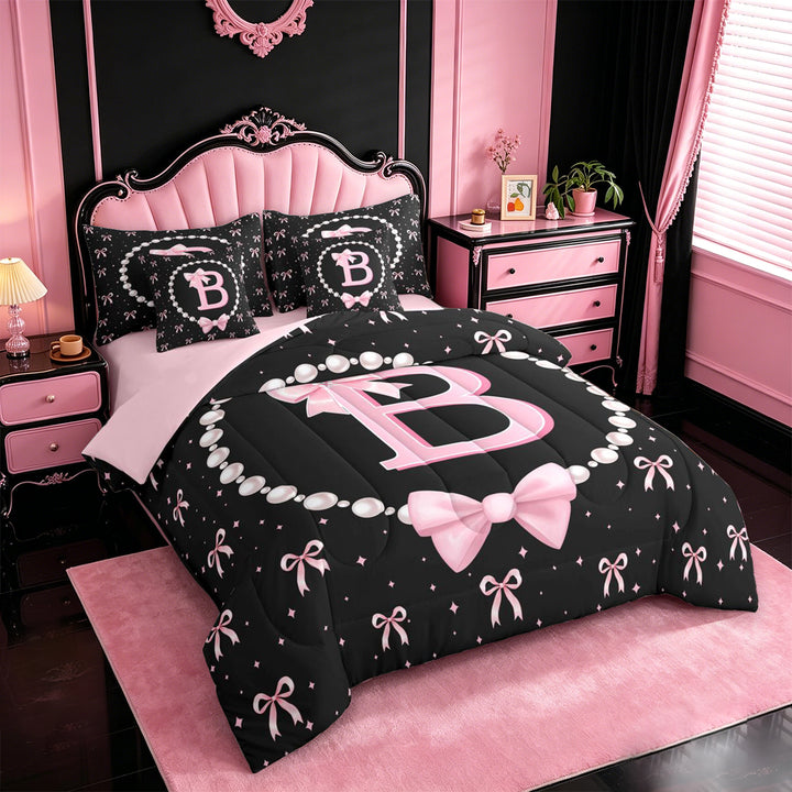 meiyoeat Bowknot Alphabet B 7 Pieces Full Size Bedding Sets For Girls,Kids Pink Coquette Bow Full Size Bed in a Bag,Pink Reversible