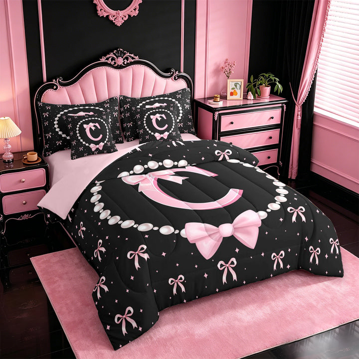 meiyoeat Pink Monogram Bowknot 7 Pieces Full Size Bedding Sets For Kids,Girls Ribbon Bow Letter C Full Size Bed in a Bag Bowtie Lovers,Pink Reversible