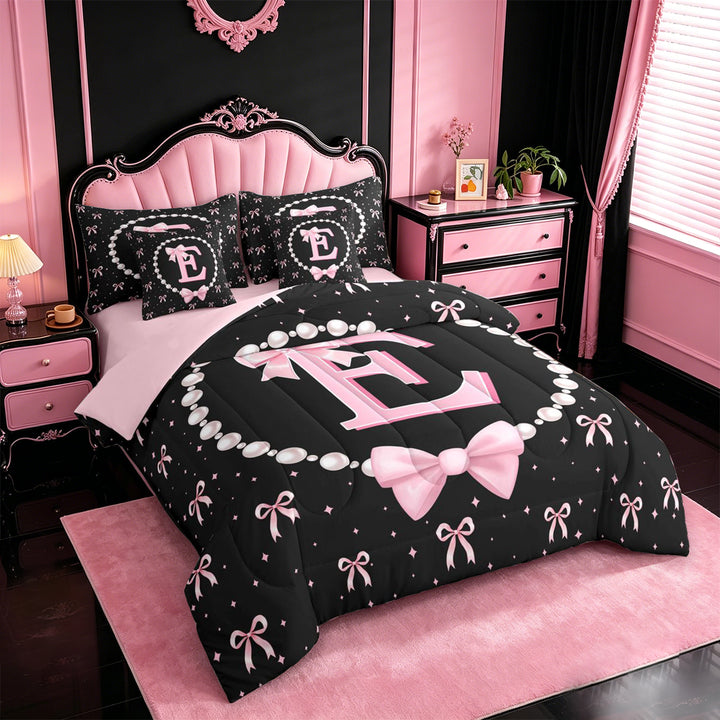 meiyoeat Girls Personalized Monogrammed Gifts 7 Pieces Full Size Bedding Sets For Bowtie Lovers,Kids Bowknot Alphabet E Print Full Size Bed in a Bag,Pink Reversible