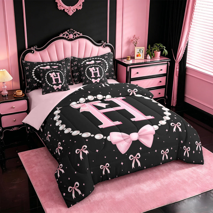 meiyoeat Chic Pearl Necklace Print 7 Pieces Full Size Bedding Sets For Kids,Pink Coquette Bowknot Initial Letter H Full Size Bed in a Bag,Pink Reversible