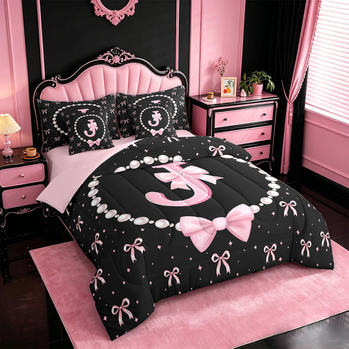 meiyoeat Pink Cute Bow 7 Pieces Full Size Bedding Sets For Girls,Kawaii Bowknot Monogrammed J Full Size Bed in a Bag For Kids,Pink Reversible