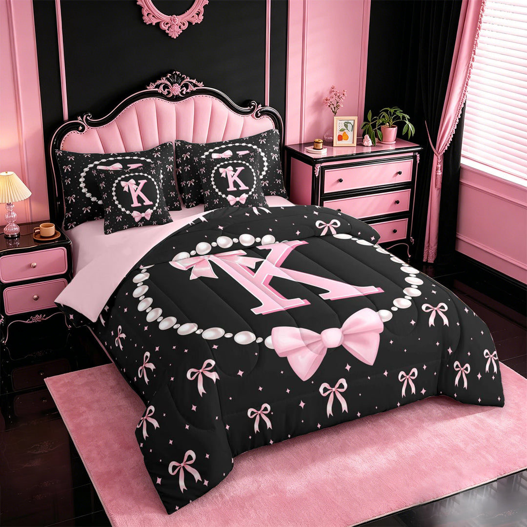 meiyoeat Cute Coquette Bow 7 Pieces Full Size Bedding Sets For Kids,Pink Ribbon Bowtie Initial Letter K Full Size Bed in a Bag,Pink Reversible