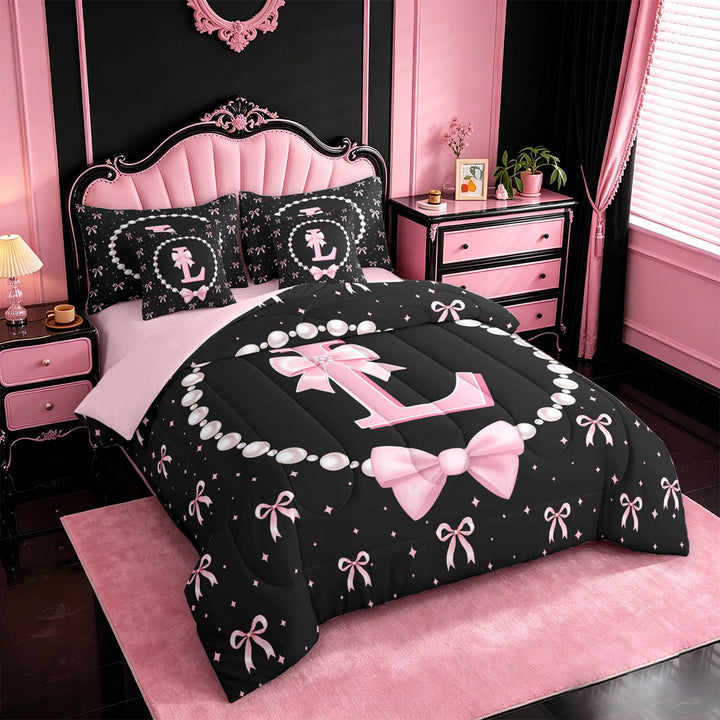 meiyoeat Kawaii Bowknot 7 Pieces Full Size Bedding Sets For Girls,Modern Personalized Initial L Full Size Bed in a Bag For Kids,Pink Reversible