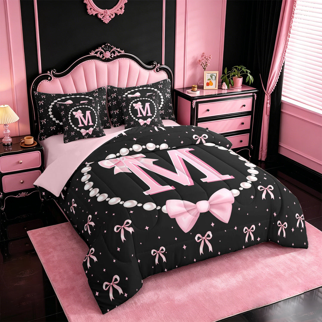 meiyoeat Lovely Bow Tie 7 Pieces Full Size Bedding Sets For Bow Girls,Pink Initial Letter M Full Size Bed in a Bag For Kids,Pink Reversible