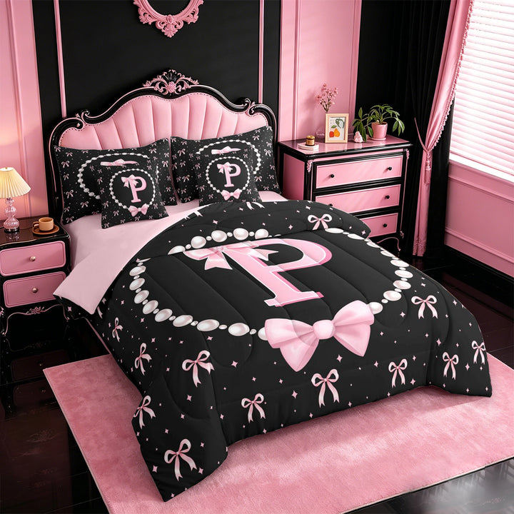 meiyoeat Pink Ribbon Bowknot 7 Pieces Full Size Bedding Sets For Girls,Lovely Bowtie Alphabet Print P Full Size Bed in a Bag For Kids,Pink Reversible