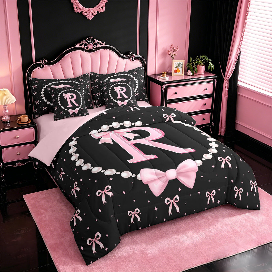 meiyoeat Fashion Women Pearl Necklace 7 Pieces Full Size Bedding Sets,Girly Bow Monogrammed R Full Size Bed in a Bag For Kids,Pink Reversible
