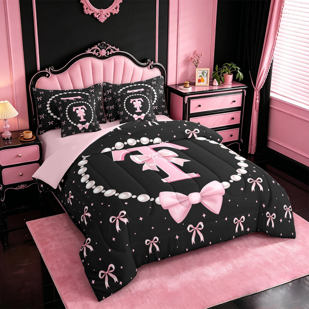 meiyoeat Ribbon Bow Letter Print 7 Pieces Full Size Bedding Sets For Girls,Pink Bowtie Monogram T Full Size Bed in a Bag For Kids,Pink Reversible
