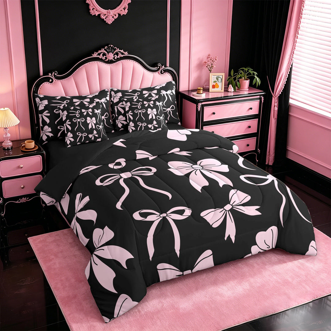 meiyoeat Pink Ribbon Bow 7 Pieces Full Size Bedding Sets For Kids,Cute Minimalist Bow Full Size Bed in a Bag For Girls,Black Reversible
