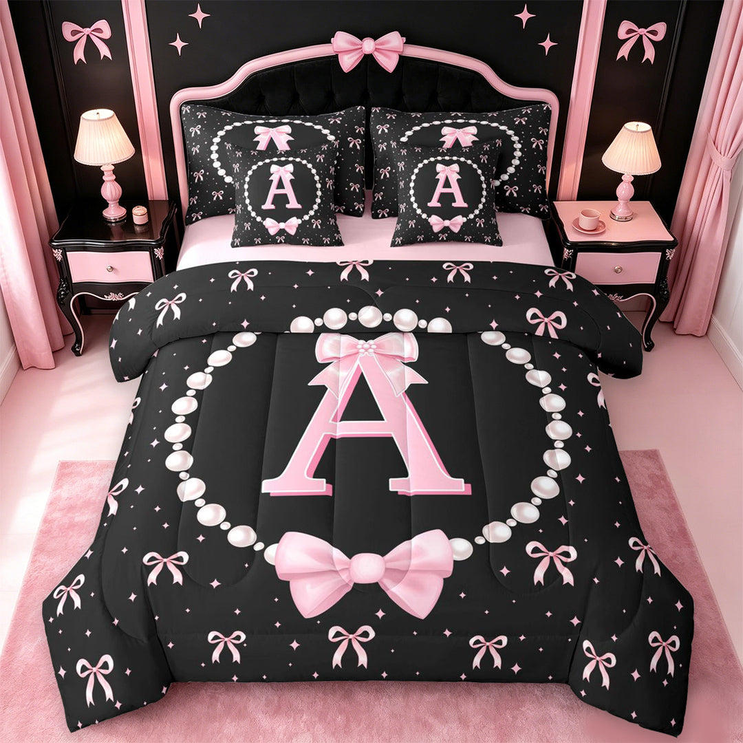 meiyoeat Bowknot Letter Print A 7 Pieces Full Size Bedding Sets For Girls,Girly Pink Bow Full Size Bed in a Bag For Kids,Pink Reversible