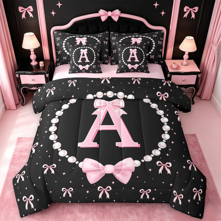 meiyoeat Bowknot Letter Print A 7 Pieces Full Size Bedding Sets For Girls,Girly Pink Bow Full Size Bed in a Bag For Kids,Pink Reversible