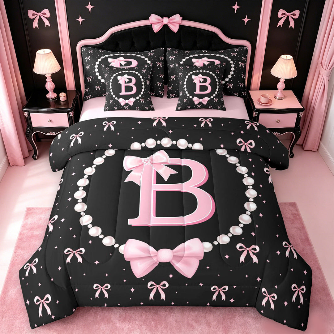 meiyoeat Bowknot Alphabet B 7 Pieces Full Size Bedding Sets For Girls,Kids Pink Coquette Bow Full Size Bed in a Bag,Pink Reversible