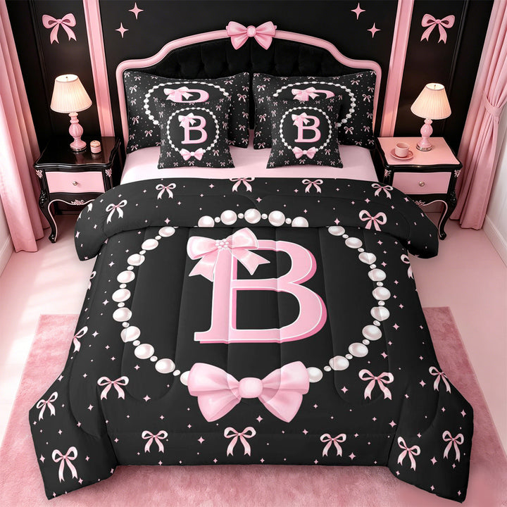 meiyoeat Bowknot Alphabet B 7 Pieces Full Size Bedding Sets For Girls,Kids Pink Coquette Bow Full Size Bed in a Bag,Pink Reversible