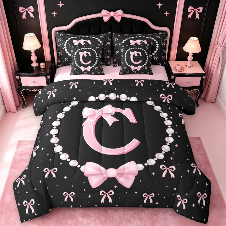 meiyoeat Pink Monogram Bowknot 7 Pieces Full Size Bedding Sets For Kids,Girls Ribbon Bow Letter C Full Size Bed in a Bag Bowtie Lovers,Pink Reversible