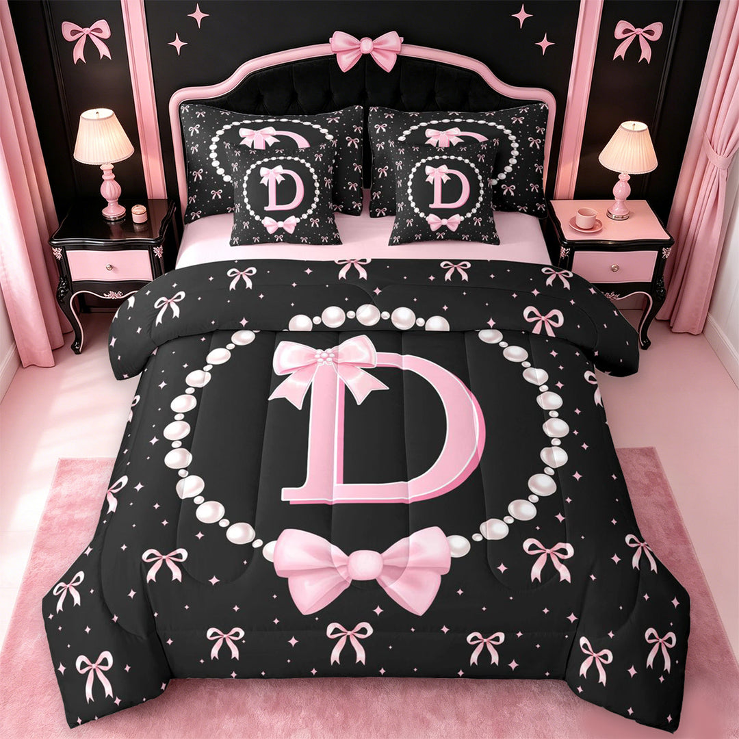 meiyoeat Women Pearl Necklace 7 Pieces Full Size Bedding Sets For Kids,Pink Ribbon Letter Print D Full Size Bed in a Bag,Pink Reversible