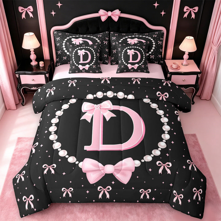 meiyoeat Women Pearl Necklace 7 Pieces Full Size Bedding Sets For Kids,Pink Ribbon Letter Print D Full Size Bed in a Bag,Pink Reversible