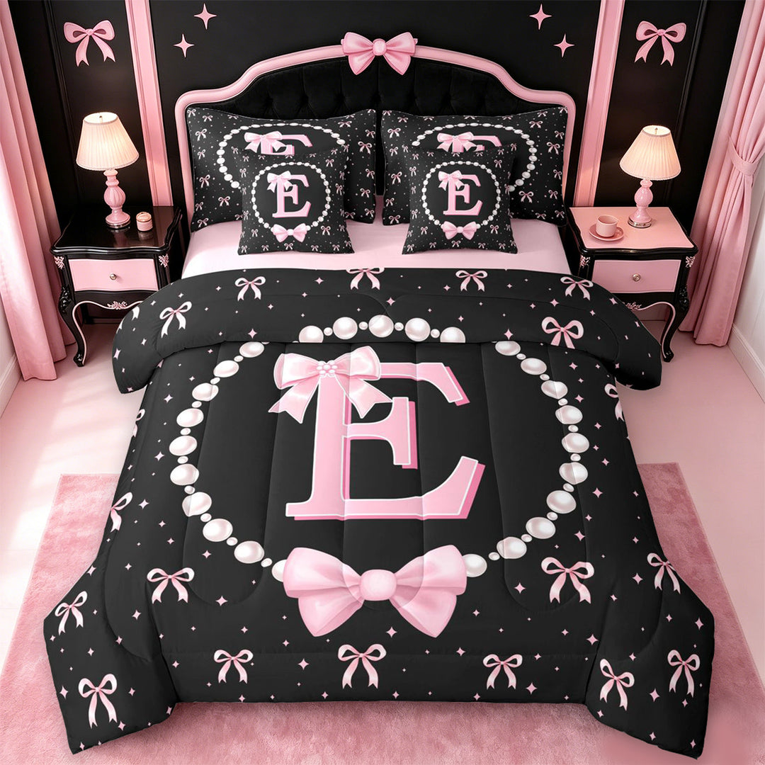 meiyoeat Girls Personalized Monogrammed Gifts 7 Pieces Full Size Bedding Sets For Bowtie Lovers,Kids Bowknot Alphabet E Print Full Size Bed in a Bag,Pink Reversible